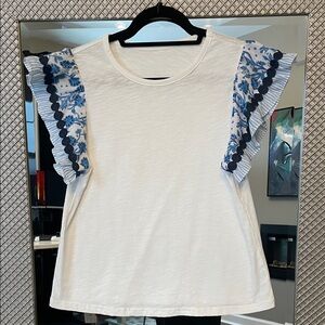 White and Blue Ruffle Sleeve Top